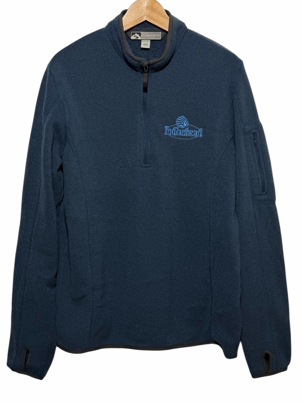 Storm Creek Mens Blue 1/4 Zip Fleece Pullover Thumb Hole Indianhead Logo Sz L